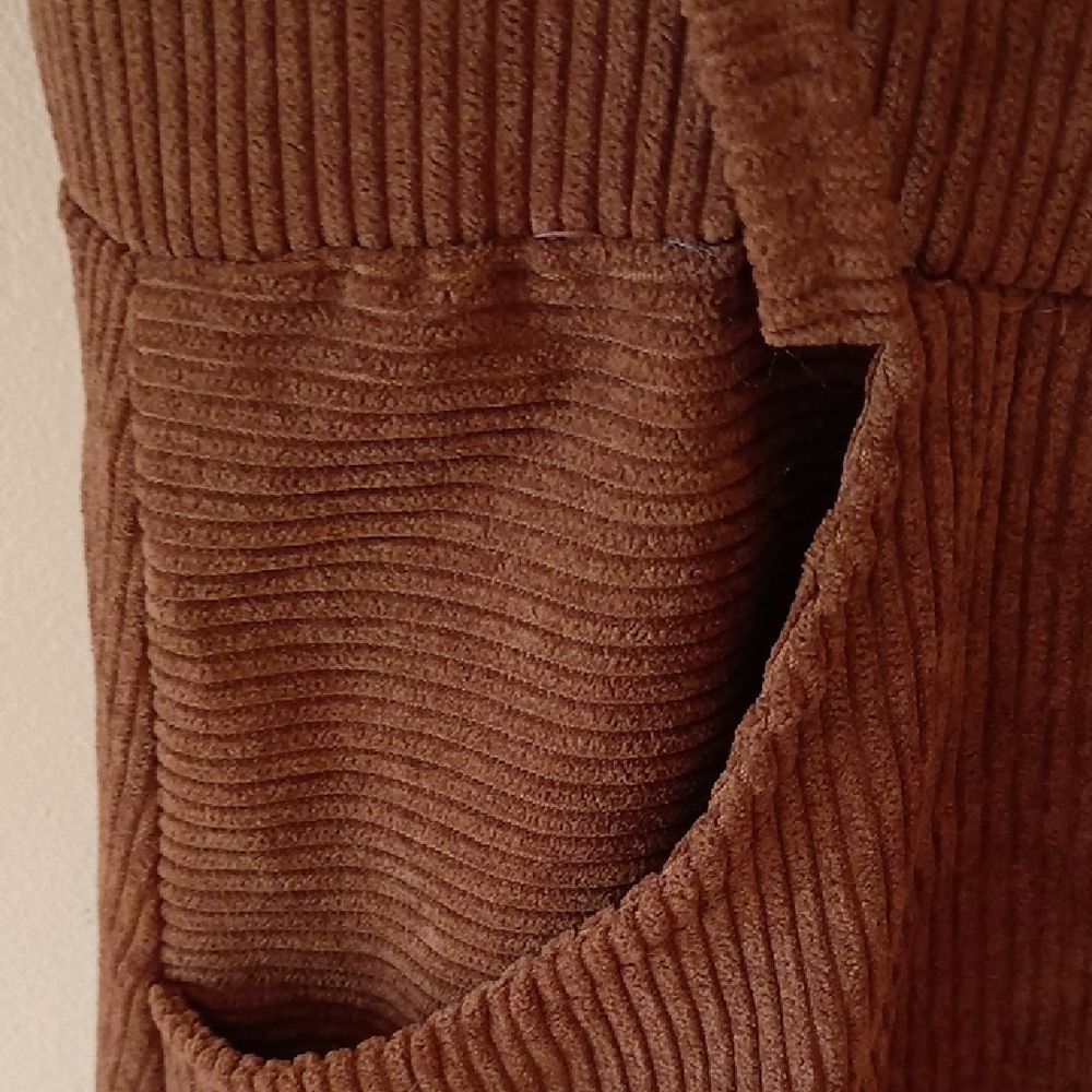 Brown Corduroy Short-Sleeve Button-Front Midi Dress, P2P 18", L 42", W 27" - Picture 4 of 9